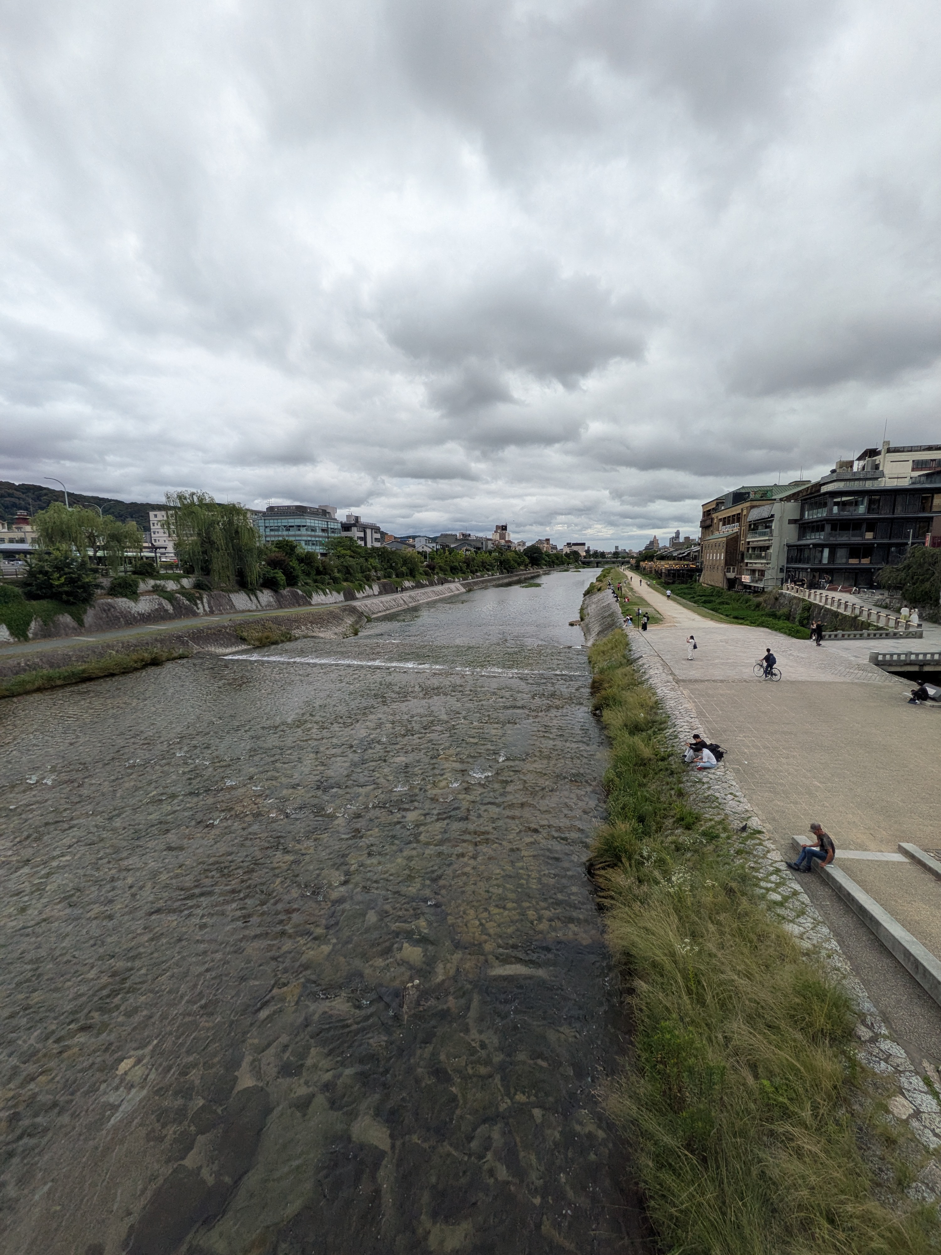 Kamo River in Kyoto on a cloudy day