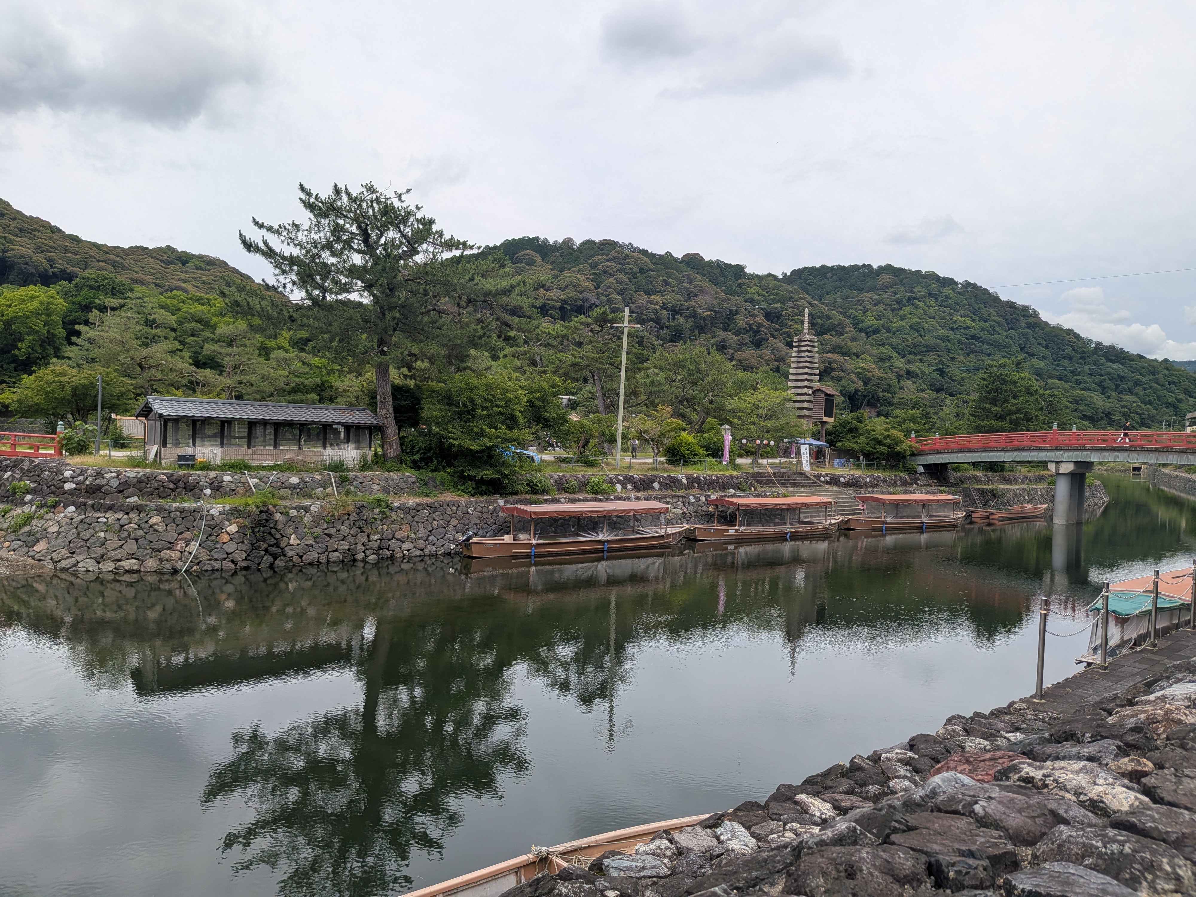 Uji River with traditional boats and pagoda